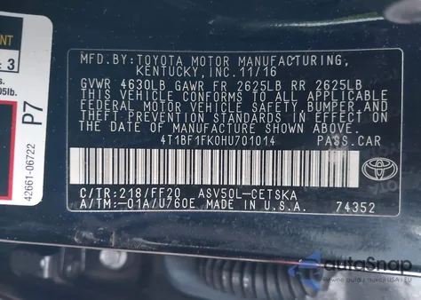 2017 Toyota Camry Se from USA, damaged, VIN 4T1BF1FK0HU701014